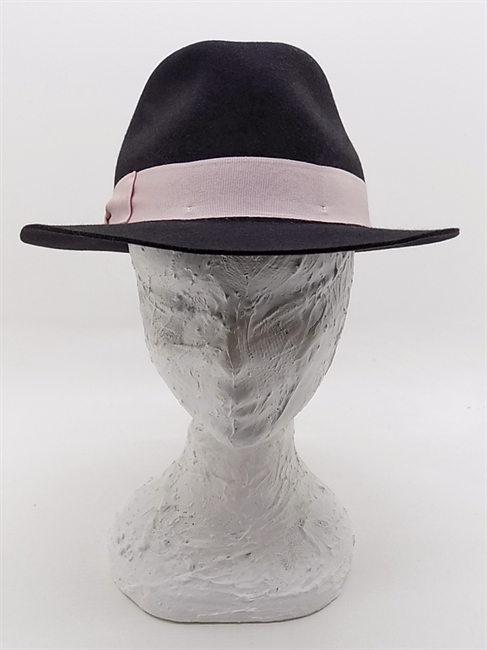 FEDORA FELTRO RASATO NERO NASTRO ROSA TESA PICCOLA