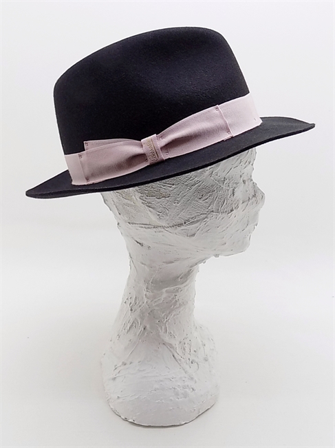 FEDORA FELTRO RASATO NERO NASTRO ROSA TESA PICCOLA