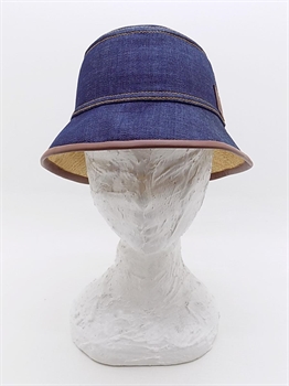 BUCKET HAT IN DENIM BLU E RAFIA CON DETTAGLI IN PELLE-en