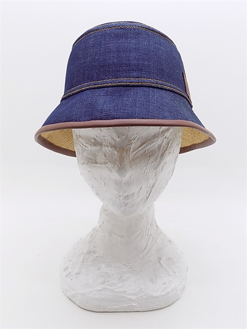 BUCKET HAT IN DENIM BLU E RAFIA CON DETTAGLI IN PELLE