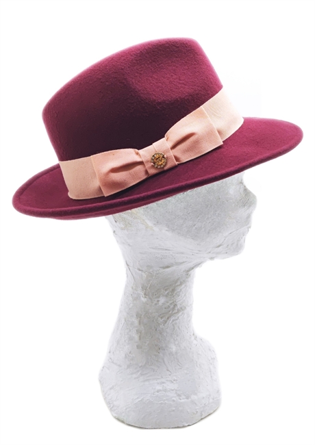 FEDORA A TESA MEDIA FELTRO BORDEAUX GROS-GRAIN ROSA A CONTRASTO