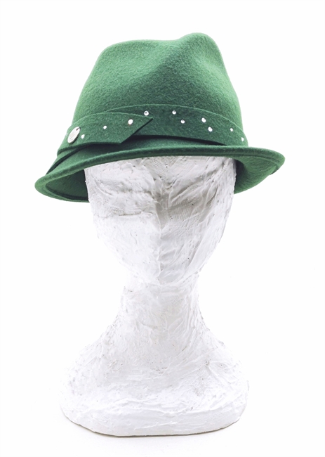 FEDORA TESA PICCOLA FELTRO VERDE BOTTIGLIA CINTURINO CON STRASS