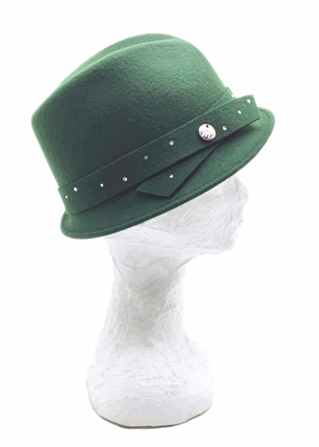 FEDORA TESA PICCOLA FELTRO VERDE BOTTIGLIA CINTURINO CON STRASS