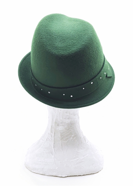 FEDORA TESA PICCOLA FELTRO VERDE BOTTIGLIA CINTURINO CON STRASS