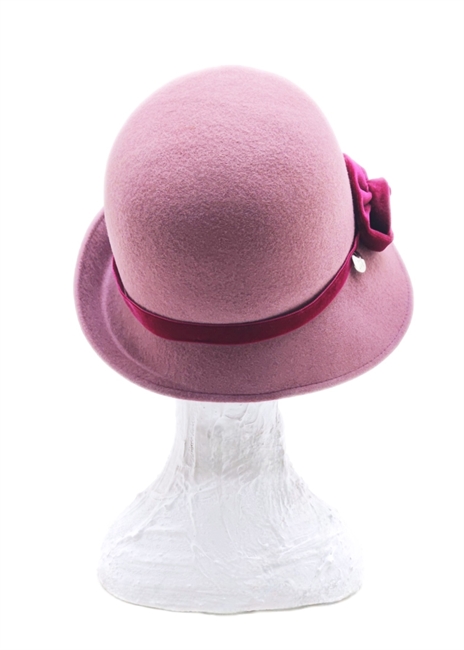 CLOCHE FELTRO ROSA MALVA CON CINTURINO E FIORE IN VELLUTO