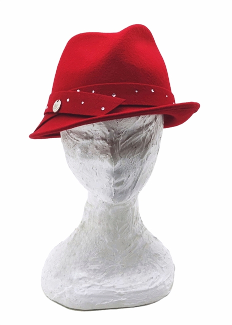 FEDORA TESA PICCOLA FELTRO ROSSO INDIA CINTURINO CON STRASS