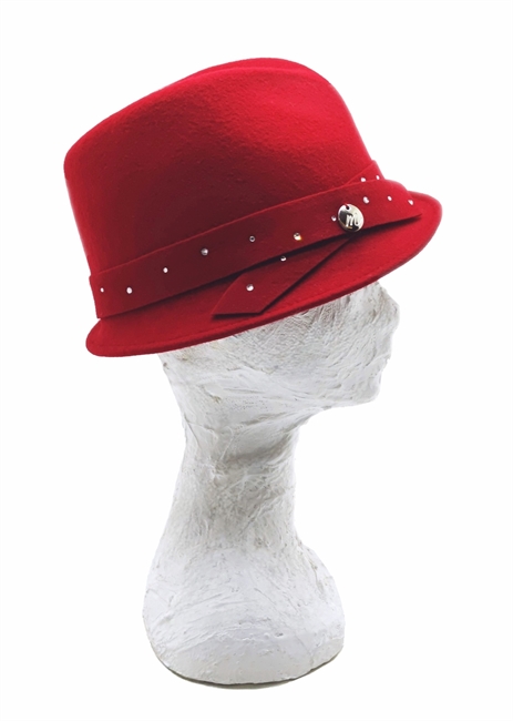 FEDORA TESA PICCOLA FELTRO ROSSO INDIA CINTURINO CON STRASS