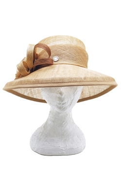 CAPPELLO IN SISAL BEIGE LINO CON TESA RIPIEGATA E ROSA