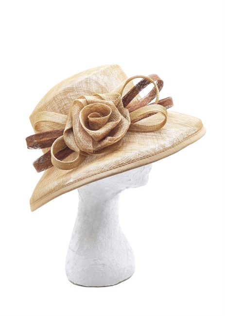 CAPPELLO IN SISAL BEIGE LINO CON TESA RIPIEGATA E ROSA
