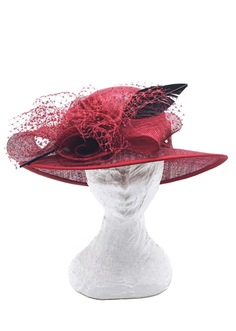 PAMELA SISAL BORDEAUX TESA MEDIA CON FIOCCO ROSE VELETTA E PIUMA