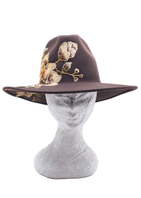 FEDORA FELTRO MARRONE CACAO CON APPLICAZIONI FLOREALI RICAMATE
