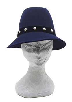 CAPPELLO IN FELTRO BLU NAVY CINTURINO IN VELLUTO E PERLE