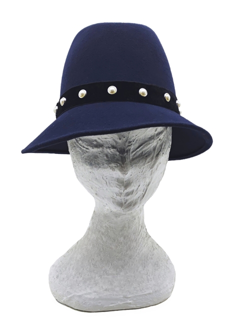 CAPPELLO IN FELTRO BLU NAVY CINTURINO IN VELLUTO E PERLE