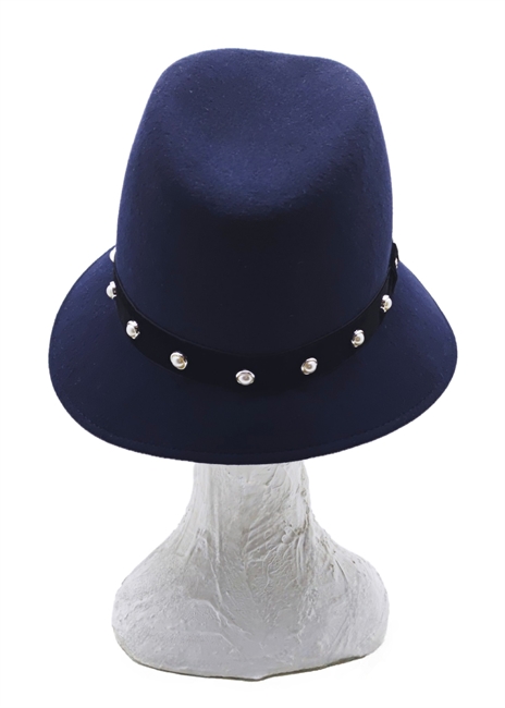 CAPPELLO IN FELTRO BLU NAVY CINTURINO IN VELLUTO E PERLE
